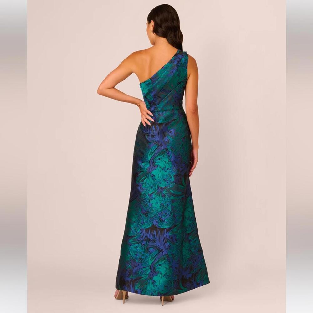 Adrianna Papell One Shoulder Jacquard Mermaid Gown Drape Detail Cobalt Green *8 - Picture 12 of 13
